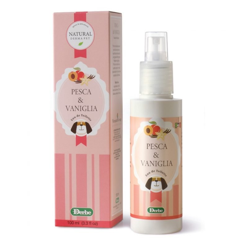 Bottle of dog and cat perfume for pets, scented with peach & vanilla 100ml